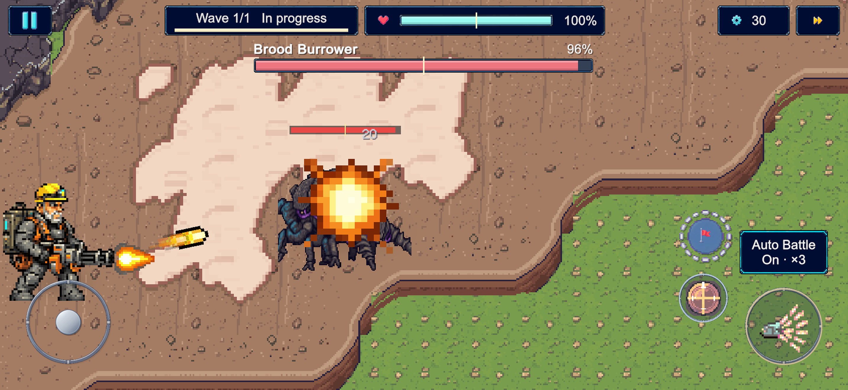 The hero fires on the Brood Burrower boss during a wave